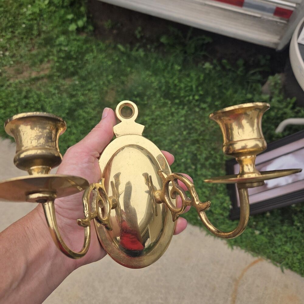 VTG Brass Wall Sconce Double Arm Candle Holder Candelabra Oval Mount